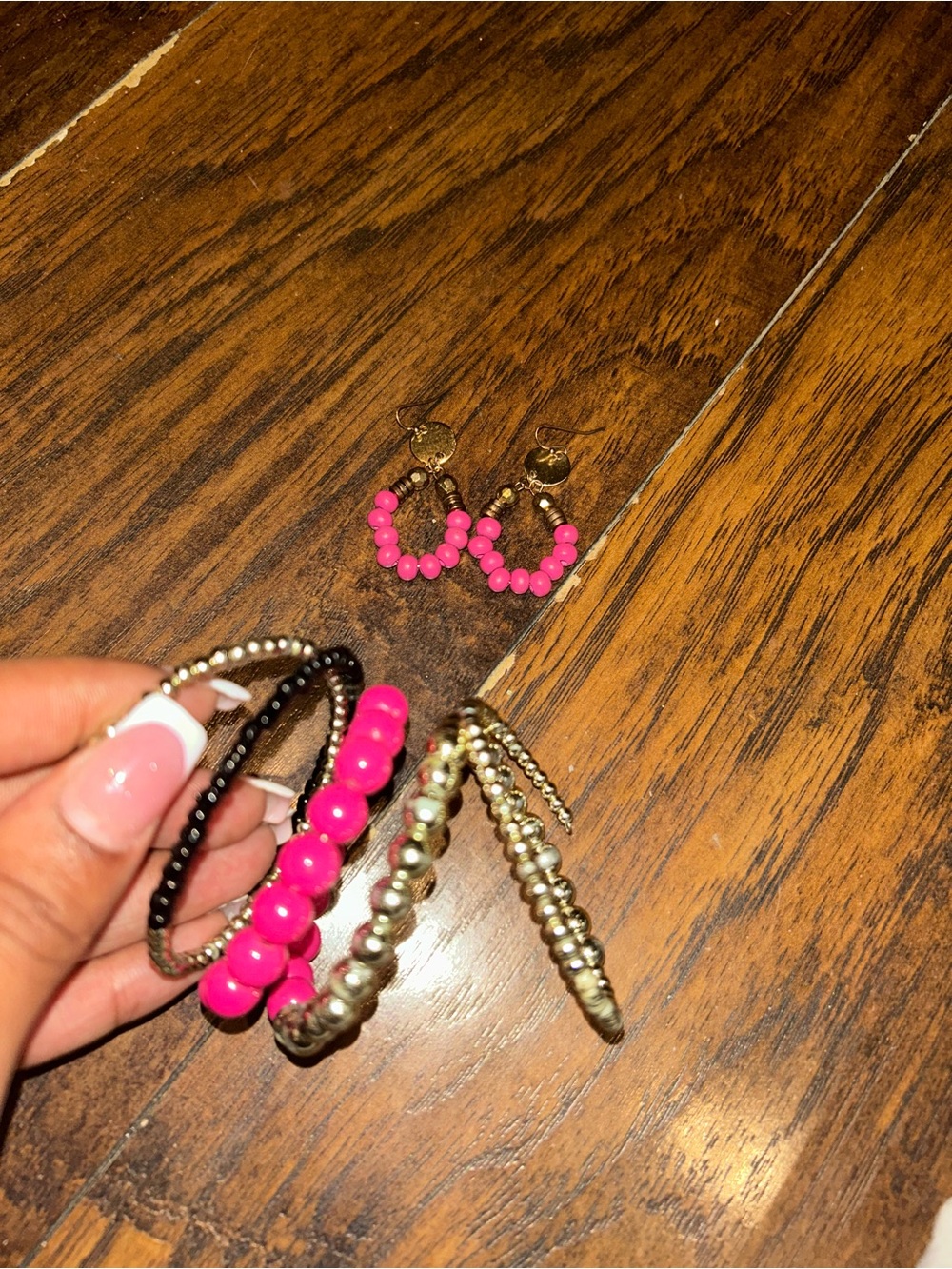 Kids Beaded Bracelet & Earring Set - Hot Pink and Metallic